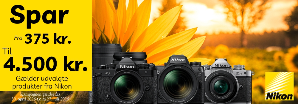 Spar fra 375 kr. til 4.500 kr. gælde rudvalgte produkter fra Nikon. Kampagnen gælder fra 30 april t.o.m. 27 juli. 2026